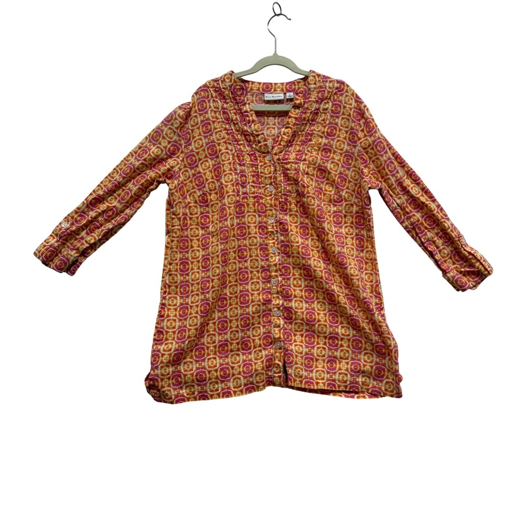 Kim Rogers Womens Small Orange Pink Linen Cotton Geometric Tunic Top Lightweight
